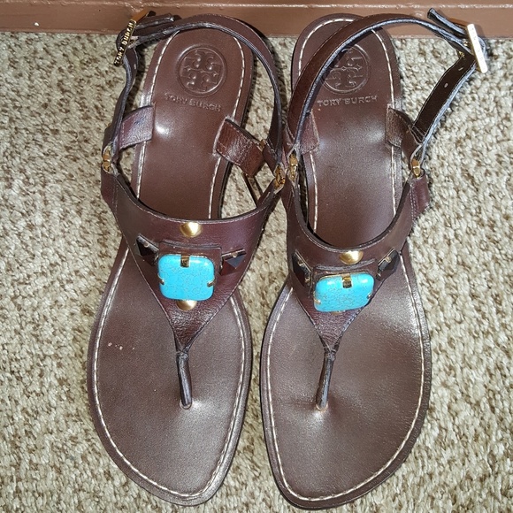 💙Tory Burch Dark Brown Leather Blue Stone💙. - Picture 3 of 6